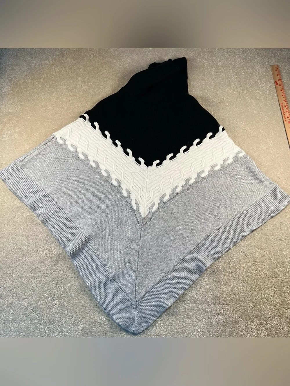 Talbots Poncho Sweater Chevron Black White Cowl Neck Knit Women's Large